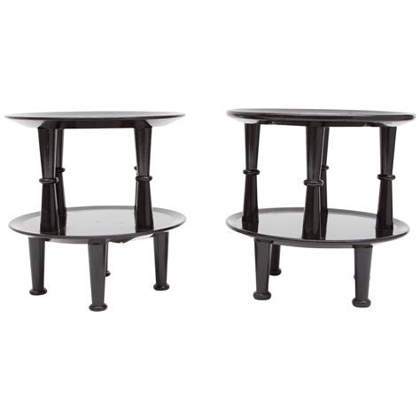 Round French Art Deco Mahogany Side Table with Black Lacquer with three levels For Sale at 1stDibs