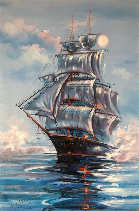 Navy Ship at Sea Painting on Canvas Large Sailing Wall Art Peace Oil ...