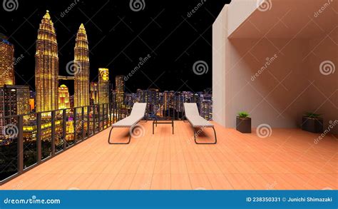 3D Rendering of the Terrace with Night View Stock Illustration - Illustration of building, night ...