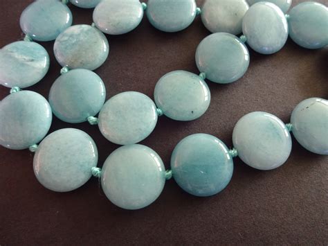 Natural Aquamarine Bead Necklace, 18-18.5 Inch Long, 16mm Flat Round Beads, Light Blue Gemstone ...