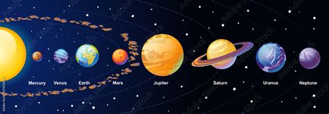 Solar system cartoon illustration with colorful planets and asteroid belt on navy blue gradient ...