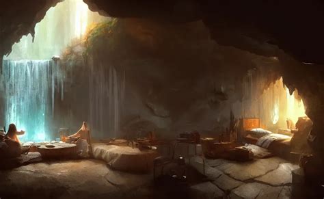 painting of an interior of a cozy bedroom in a cave, | Stable Diffusion