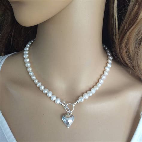 White Freshwater Pearl Necklace Sterling Hammerd Heart Toggle - Etsy UK