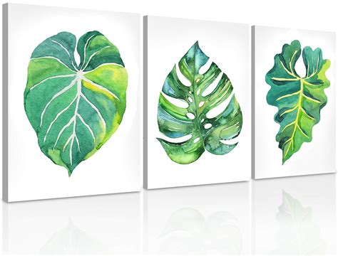 Buy Green Wall Art, Simple 3 Piece Leaf Wall Decor - 16x36 Minimalist ...