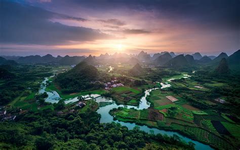 landscape, Nature, Valley, Sunset, Hill, Field, Forest, River, Town, China, Clouds, Green ...