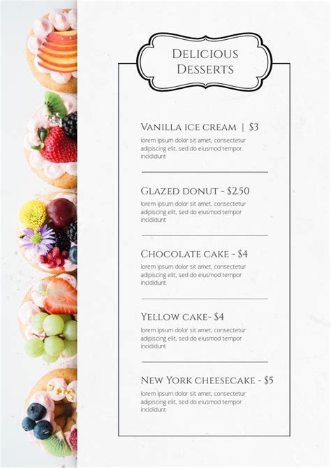 Delicious Desserts Menu Card Template | Bakery menu, Breakfast menu ...