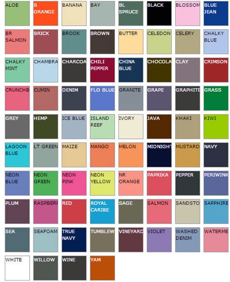 Comfort Color Color Chart