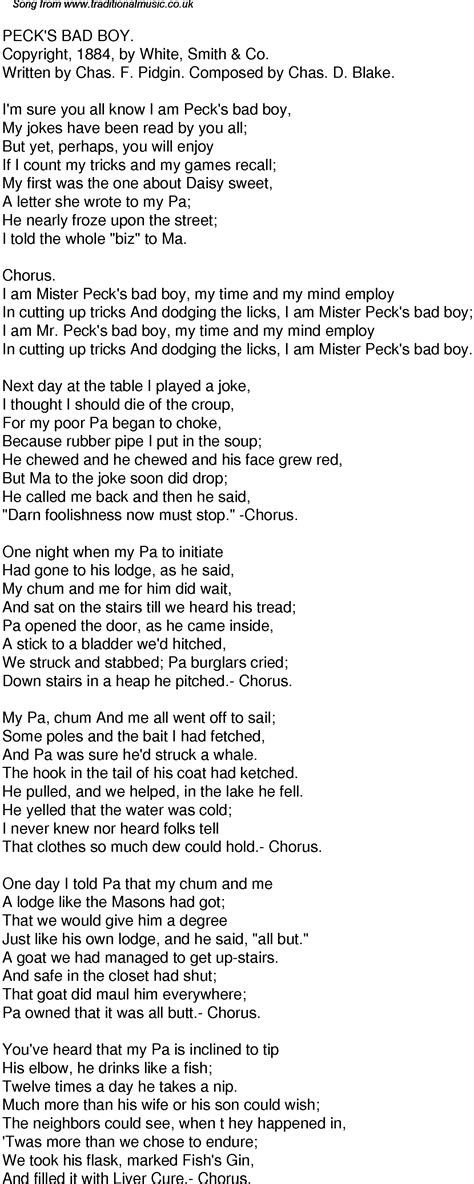 Old Time Song Lyrics for 40 Pecks Bad Boy