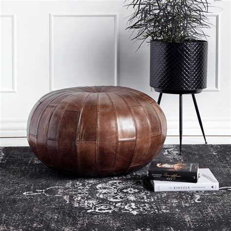 Round Antique Brown Leather Pouf By The Forest & Co