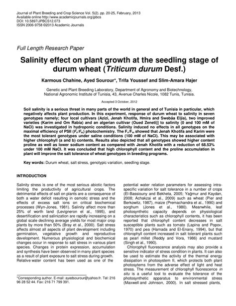 (PDF) Salinity effect on plant growth at the seedling stage of durum wheat (Triticum durum Desf.)