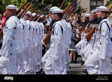 US Navy ceremonial guard drill team marching in Memorial Day parade - Washington, DC USA Stock ...