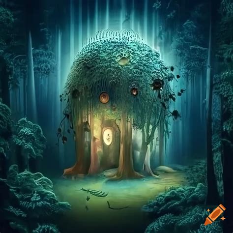 Artistic depiction of cute animals in a moonlit forest