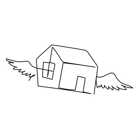 Single one line drawing flying house logo with wings. House of wings in weightlessness. Flying ...