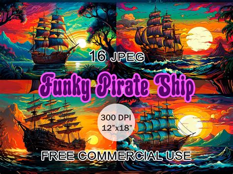 Pirate ship art bundle, Ocean sunset painting landscape clipart, Funky ...