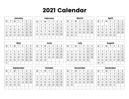 2021 Year Calendar With The Week Starting On Monday - A Printable Calendar