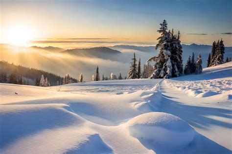 Premium AI Image | a sunrise over a snowy mountain with a view of the ...