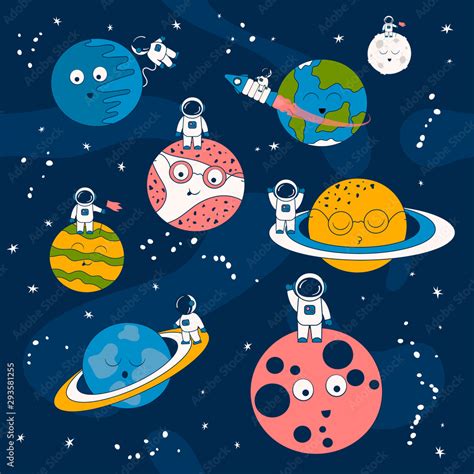 Cartoon pattern with astronaut on a spaceship and planets in space . Futuristic background with ...