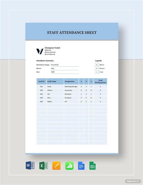 Sample Staff Attendance Sheet Template in Google Docs, Google Sheets, Pages, Word, Excel, Apple ...
