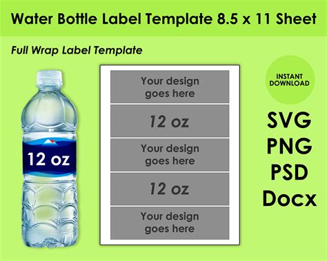 Water Bottle Label Template 8.5x11 Sheet SVG PNG PSD and - Etsy UK