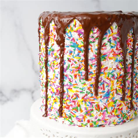 Rainbow Sprinkles Chocolate Drip Cake - Mom Loves Baking