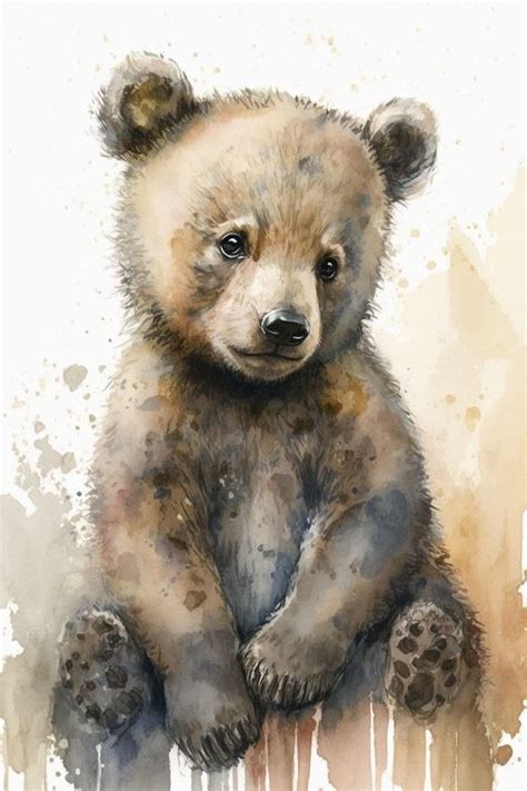 Adorable Brown Bear Cub Watercolor Painting