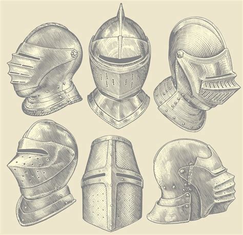 Set Medieval knights helmets, an Illustration by Vector Engraving | Helmet drawing, Medieval ...