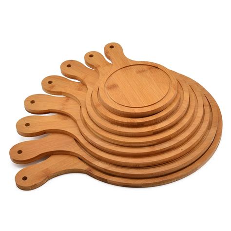 1Pc Bamboo Pizza Serving Tray Round Pizza Cutting Board with Handle Bread Fruits Platter Steak ...