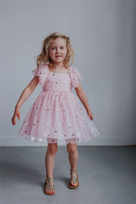 Little Girl's Pink Tulle Dress with Gold Polka Dots | Kids dress ...