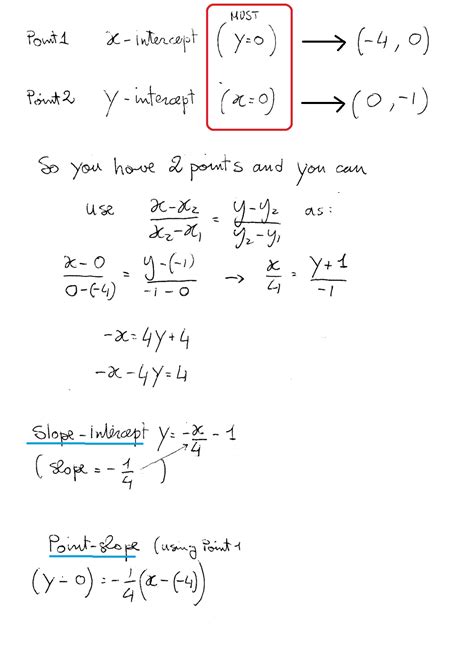 How do you write the equation of a line in point slope form and slope intercept form that has an ...