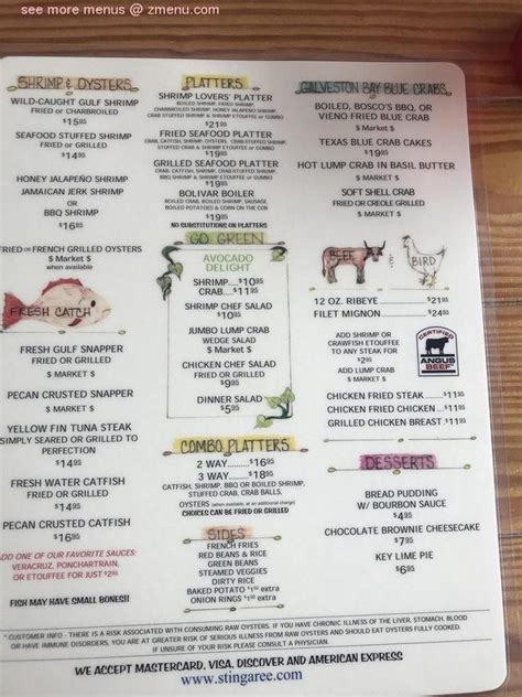 Online Menu of Stingaree Restaurant, Crystal Beach, Texas, 77650 - Zmenu