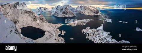 Panoramic view at sunrise from Reinebringen, Reine, Moskenes, Moskenesoya, Nordland, Lofoten ...