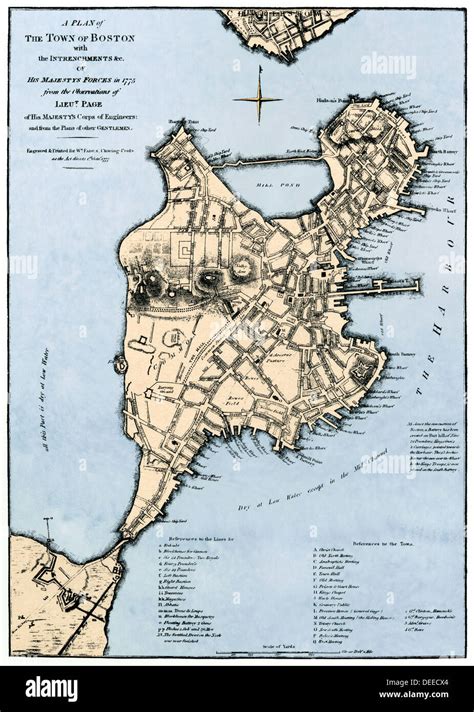 Map of Boston showing entrenchments of British forces, 1775. Hand-colored woodcut Stock Photo ...