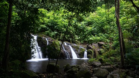 Photographing a waterfall in a tropical landscape