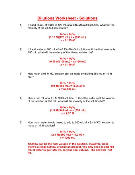 Molarity By Dilution Worksheets