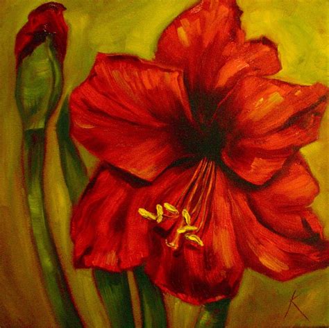 Kim Blair Artist: Amaryllis Floral Painting, Red Gold, by Canadian Artist Kim Blair