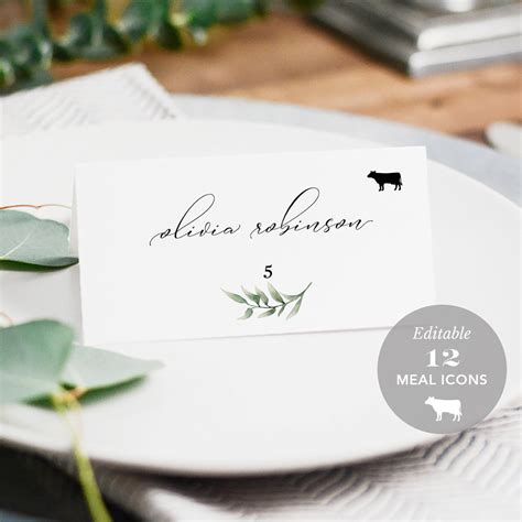 Wedding Place Card Printable, Place Card Template, Meal Choice ...