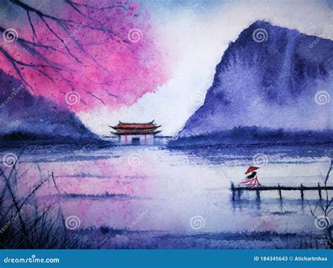 Watercolor Landscape Asian. Traditional Asia Woman Waiting Someone in ...