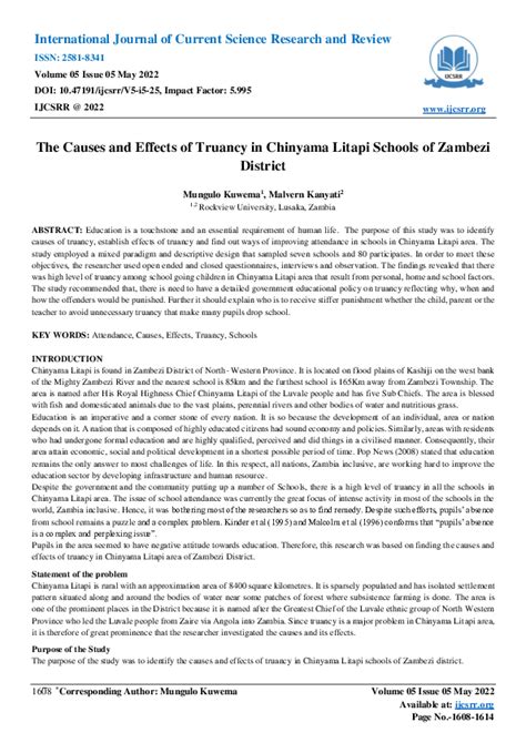 (PDF) The Causes and Effects of Truancy in Chinyama Litapi Schools of Zambezi District | mungulo ...