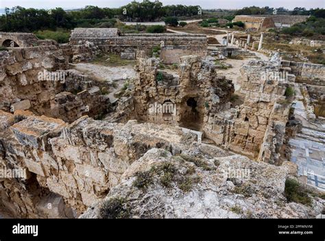 June 7, 2022, Famagusta, Cyprus: Columns of the gymnasium at Salamis with several Roman baths ...