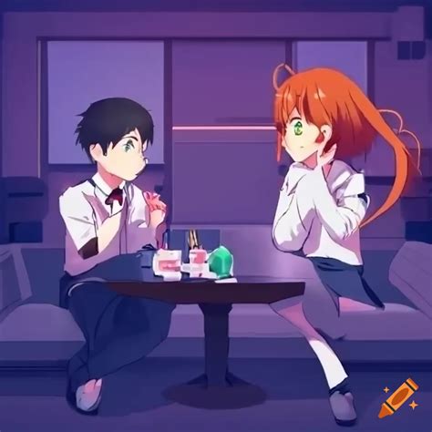 Two people talking in a comfortable room anime style on Craiyon