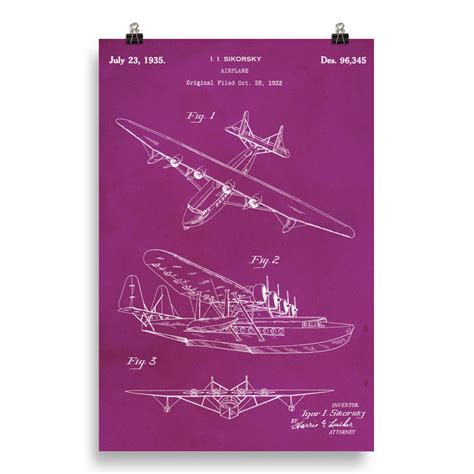 1933 Airplane Patent Blueprint Poster Vintage Aviator Wall Art, Pilot Gift, Aviation Decor, Pink ...