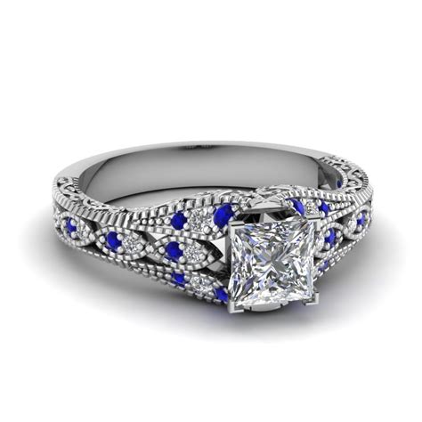 Sapphire Antique Filigree Princess Cut Diamond Engagement Ring In 14K White Gold | Fascinating ...