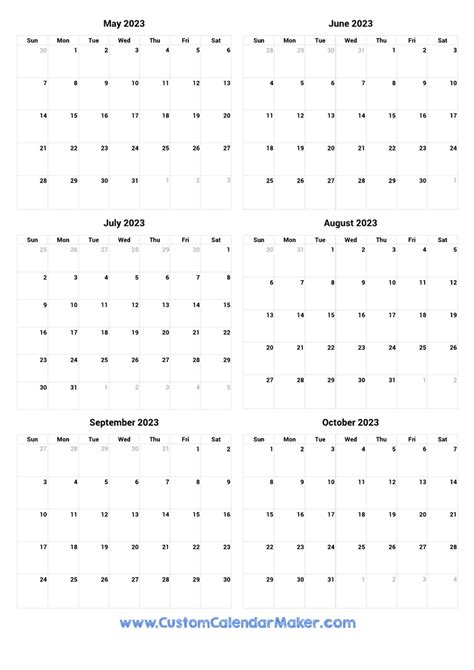 May to October 2023 Printable Calendar