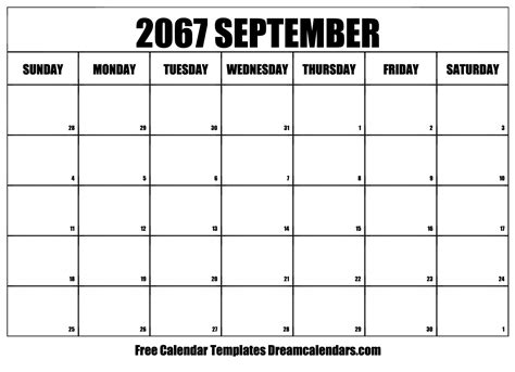 September 2067 Calendar - Free Printable with Holidays and Observances