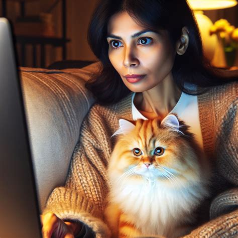 Serious South Asian Woman with Cat on Plush Couch | Website | AI Art Generator | Easy-Peasy.AI