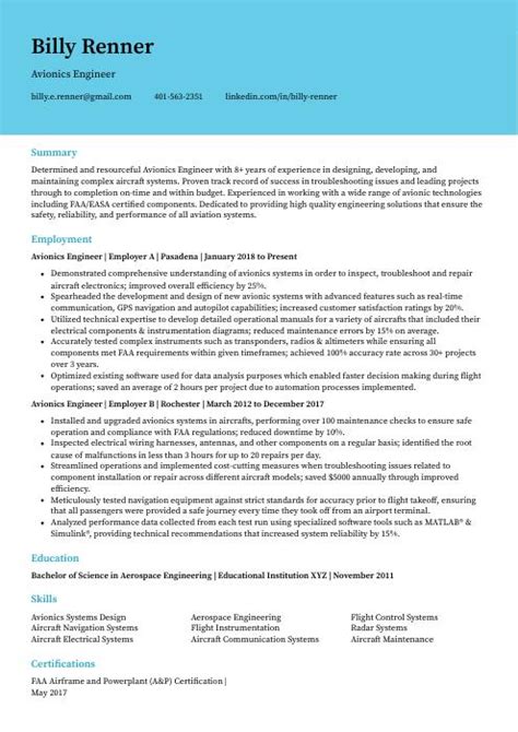 Avionics Engineer Resume (CV) Example and Writing Guide