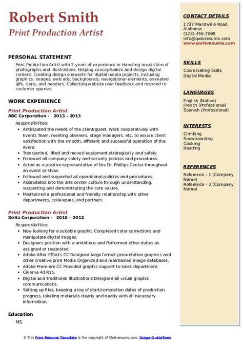 Print Production Artist Resume Samples | QwikResume