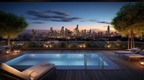 Premium Photo | Rooftop pool with background of city landscape in night