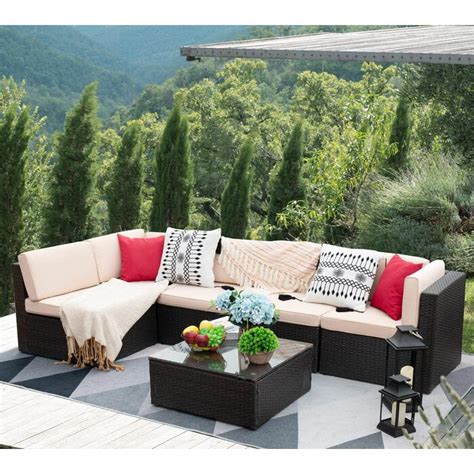 Lacoo 6 Pieces Outdoor Sectional Sofa Set PE Wicker Rattan Sectional Seating Group with Cushions ...