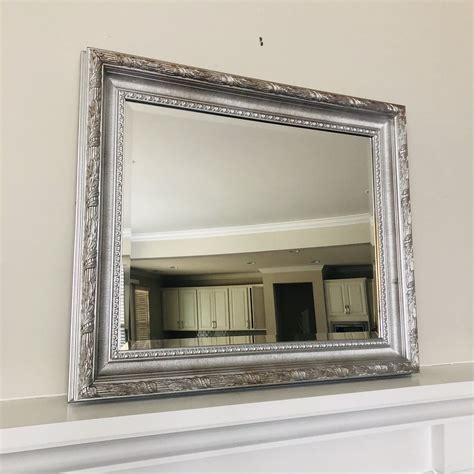 Vintage Silver Framed Mirror Large Beveled Rectangular Mirror 38” Ornate Carved Wood Frame ...